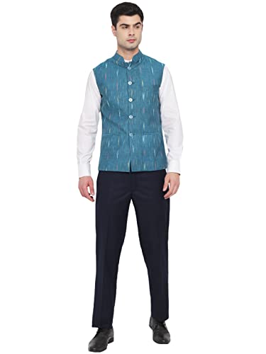 Image of Vastraa Fusion Mens Ikat Printed Cotton Nehru Jacket (VS4503-42 Teal Green-Small Arrow 42)