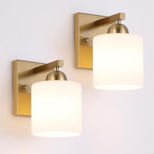 Mecgirn Stainless Steel Milk Glass Wall Sconces, 1 Light Brushed Gold Bathroom Light Fixtures ...