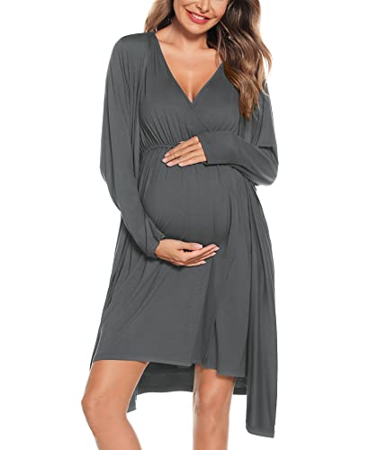 Image of SWOMOG Women Maternity Nursing Gown and Robe Set 3 in 1 Labor Delivery Nursing Nightgown for Breastfeeding Hospital Bathrobe