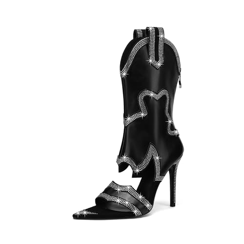 Women's Open Toe Booties Stiletto Fashion Rhinestone Black Short Boots Sexy Western Boots for Women Mid-calf Boot with Sparkly Crystal High Heel Glitter Peep Toe Boot Size 8