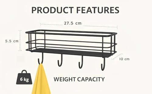 Image of Puno Heavy Duty Wall Mounted Steel Bathroom Shelf with 4 Hooks | Self-Adhesive Storage Organizer Rack | Waterproof & Rust-Resistant Wall Shelf for Kitchen, Bathroom & More (Black)