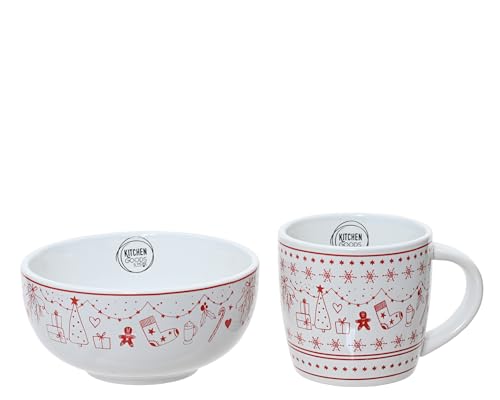 Kaemingk Vajilla de desayuno de cerámica – Juego de 2 cuencos y tazas con diseño navideño – Vajilla para Navidad – Cuenco y taza – Juego de desayuno blanco y rojo