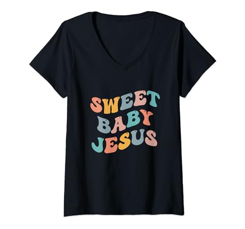 Sweet Baby Jésus Rétro Chrétien Croyant Dieu Foi Prière T-Shirt avec Col en V