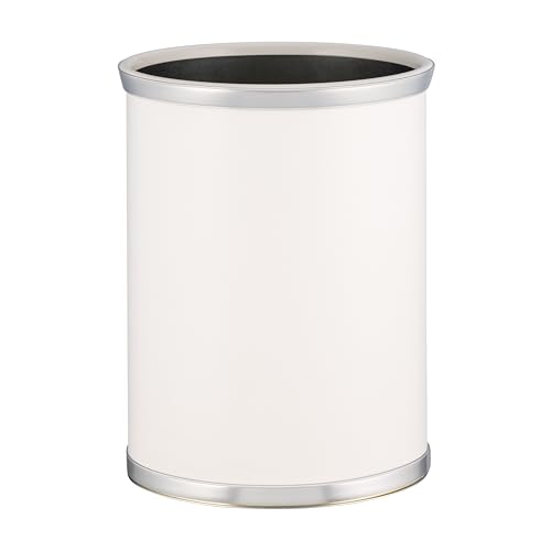 Kraftware Leatherette Wastebasket, 14", White with Brushed Chrome