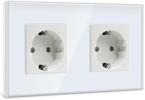 BSEED Schuko Steckdose 2 Fach Steckdose Glas Unterputz Steckdose,Steckdosen mit Kristall Glas Platte Doppel Wandsteckdosen 16Amp EU Standard Verlängerungssteckdosen Weiß -157mm
