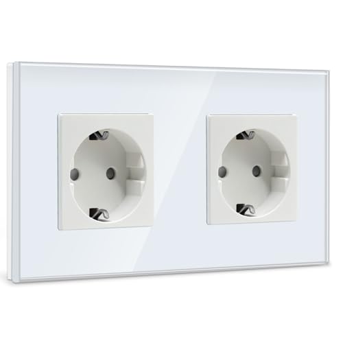 BSEED Schuko Steckdose 2 Fach Glas Unterputz Steckdose,Steckbuchse mit Kristall Glas Platte Doppel Wandsteckdosen 16Amp EU Standard Verlängerungssteckdosen Weiß -157mm