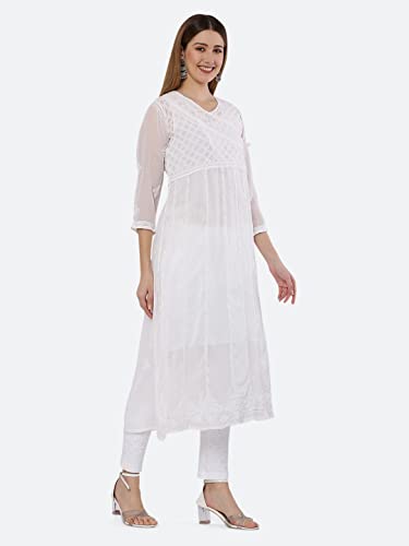 Image of FAWOMENT Ethnic Designer Angarkha A-Line Georgette Kurta with Exclusive Hand Embroidered Lucknowi Chikankari for Women