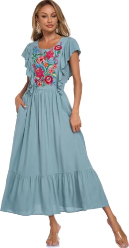 Image of Women's Summer Maxi Dress Casual Floral Embroidered Round Neck Short Sleeve Ruffle Tiered Dress Flowy Boho Beach Sundress