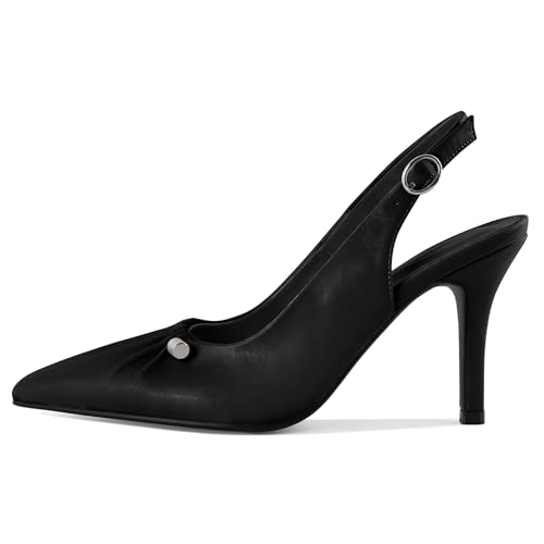 YODEKS Women's Slingback Heels Pointed Toe Beaded Metal Buckle Bar High Heel Pumps 3.5 Inch Shoes US Size 5-134