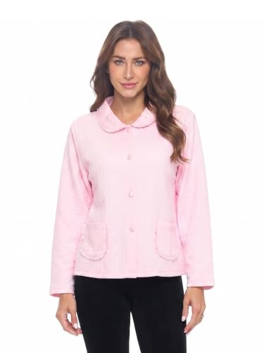 Casual Nights - Bed Jackets For Women | Lightweight & Soft Cotton Blend Button Front Sleep Top With Pockets | Warm Nightwear & Post-Surgery Recovery | Embroidery Lace Trim | Pink - 2XL
