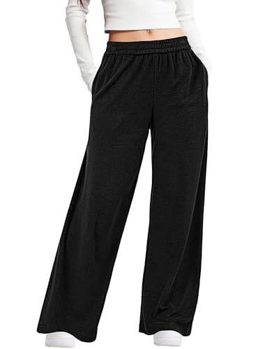 Bsubseach Wide Leg Pants Woman - Terry Cloth Casual Palazzo Pant High Waisted Baggy Lounge Trousers with Pockets Black XXL2