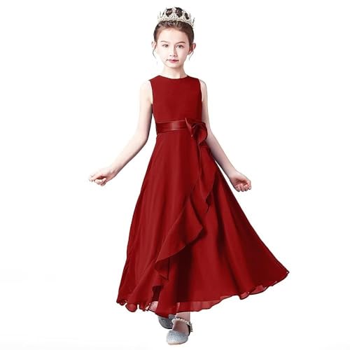 Dideyttawl Little Juniors Girl Long Bridesmaid Dress Burgundy Wedding Flower Girls Formal Pageant Party Dresses Chiffon Sleeveless Burgundy-14 cover