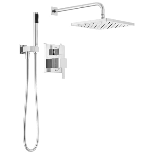 Image of Delta Modern 14 Series Square Rain Shower System Faucet Set, Rainfall Chrome Shower Head and Handle Set, Valve Trim Kit, 10 Inch, Chrome T342701 (Valve Not Included)