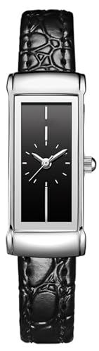 BESTKANG Women's Leather Watch Fashionable Rectangular Elegant Retro Waterproof Wrist Watch (Black Silver)