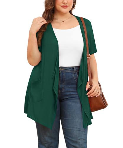 Image of TIANZHU Sheer Cardigan Lightweight Open Drape Front Short Sleeve Dressy Cardigan Fall Sweater 3XL Dark Green