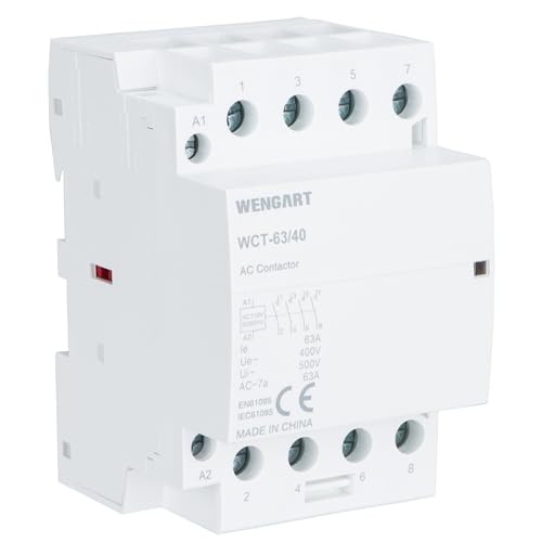 Wengart 63 Amp AC Contactor WCT-63, 4NO Normally Open, 120V Coil, 50/60Hz DIN Rail Mount Modular Contactor for Home Automation, EV Charger Control, Solar Energy Systems and Lighting, White