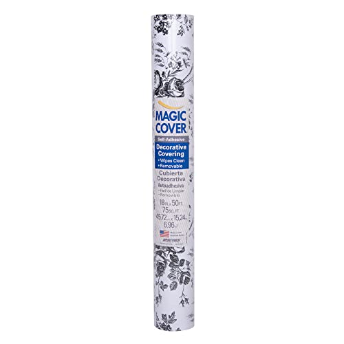 Magic Cover Adhesive Vinyl Paper, Multi-Functional Shelf Liner for Lining Drawers and Shelves, Waterproof and Durable, 18" x 50', Toile Black