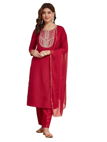 Image of MOKOSH Women's Silk Embroidery Kurta Pant with Dupatta | Kurta Set | Round Neck 3 /4 Sleeve | 3 Piece Outfit | Indian Kurta Outfit With Pant