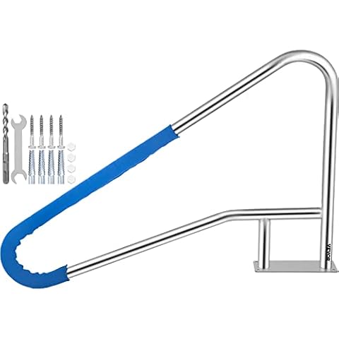 VEVOR Pool Rail 55x32 Pool Railing 304 Stainless Steel 250LBS Load Capacity Silver Rustproof Pool Handrail Humanized Swimming Pool Handrail with Blue Grip Cover & M8 Drill Bit & Self-Taping Screws Cover