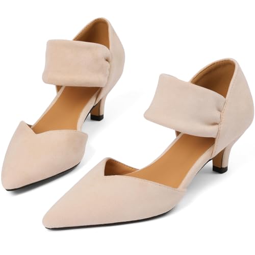 Image of Pointed Toe Low Kitten Heels Women Ankle Strap Slip on Pumps | Closed Toe, 2.2 Inch short heels,Synthetic Upper /Suede,Bridal Dress Shoes - 8 Colors, Wedding, Party and Formal Events
