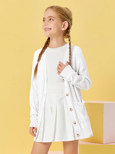 Image of Girls Cardigans Kids Fashion Open Front Long Sleeve Knit Sweaters Outerwear with Pockets 5-14 Years White