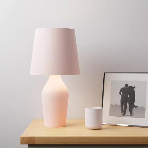 New Luna Stoneware Table Lamp – Contemporary Ribbed Satin Glazed Base with Faux Linen Shade, 37.5cm Tall | E14 SES Cap, Mains Operated M-18 (Blush Pink)