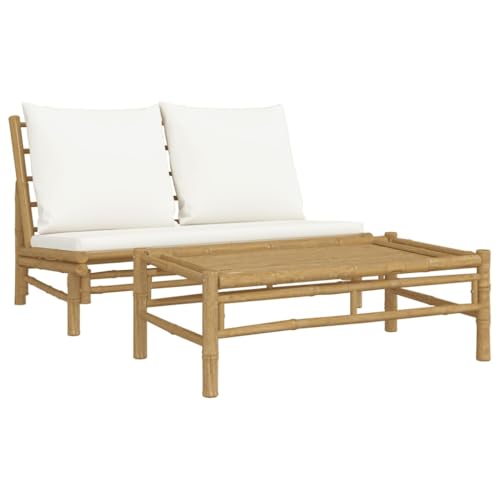 vidaXL Set de Muebles de jardín 2 Piezas bambú y Cojines Blanco Crema