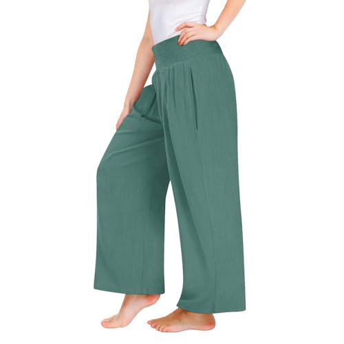 Girls Cotton Linen Pants Plain Lightweight Breathable Trendy Pants Elastic Waist Wide Leg Loose Casual Trouser2