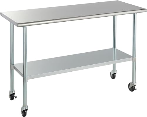 Image of ROCKPOINT Stainless Steel Table for Prep & Work with Caster Wheels 24x60 Inches, NSF Metal Commercial Kitchen Heavy Duty Table with Adjustable Under Shelf and Table Foot for Restaurant, Home and Hotel