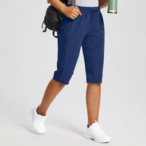 Capri Pants for Women Hiking Cargo Shorts Stretch Athletic Pant with Pockets Casual Elastic Waist Solid Color Trouser3