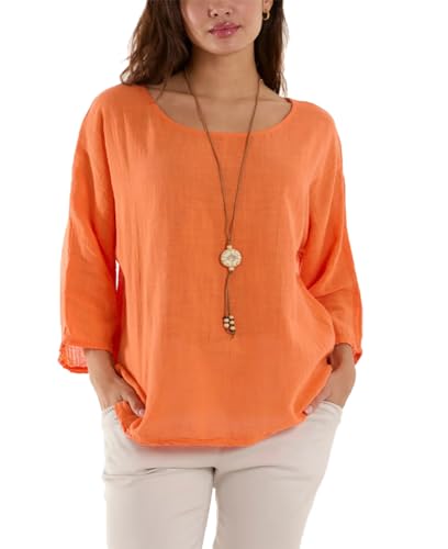 Image of Zaif & Hari Ladies Italian Plain New Batwing Cotton Linen Lightweight Casual Short Tunic Blouse TOP (One Size 8-18, Orange)