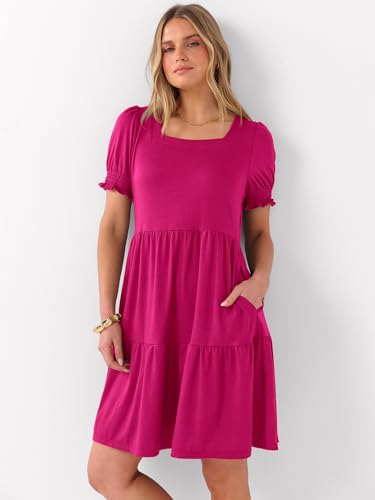 Image of ANRABESS Women Summer Square Neck Puff Short Sleeve Mini Dress 2026 Casual Flowy Sundress Beach Vacation Clothes with Pockets