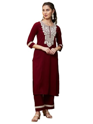 Image of Globus Women Kurta Set (3640924001 Maroon S)