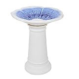 Sunnydaze Misty Blossom Ceramic Bird Bath for Outdoors - 23" H - UV-/ Frost-Resistant - Antique Bird Bath for Garden with White Pedestal/Blue Bowl