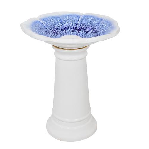 Sunnydaze Misty Blossom Ceramic Bird Bath for Outdoors - 23' H - UV-/ Frost-Resistant - Antique Bird Bath for Garden with White Pedestal/Blue Bowl
