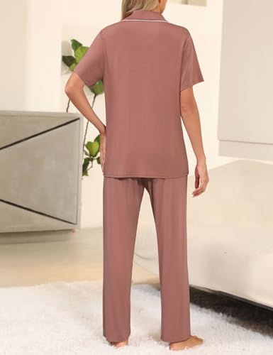 Image of Senert Womens 2 Piece Pajamas Set Button Down Top and Pants Soft Sleepwear | Short Sleeve Lounge Sets with Pockets, Maternity / Nursing /Postpartum Pjs Set, Bride Pjs Set for All Seasons