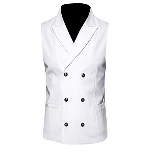 GREFER-Mens Waistcoat Vest Casual Turn-Down Collar Double Breasted Sleeveless Wedding Jacket White