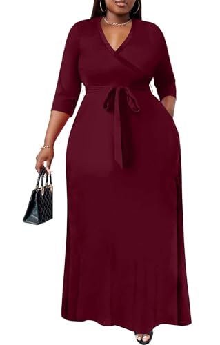 Image of Nmoder Plus Size Maxi Dress for Women - Summer Casual 3 /4 Sleeve Floral Flowy Long Dress with Belt XL- 6XL