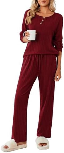 Ekouaer Schlafanzug Damen Lang Pyjama Zweiteiler Winter Loungewear,S-XXL | Feines, glattes Rippmaterial mit Knöpfen, Kordelzug und Taschen,Entspannen zu Hause, für den Alltag, Urla