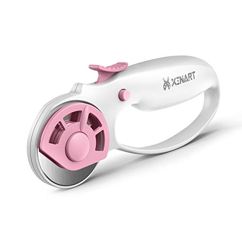 Xinart 45mm Rotary Cutter for Fabric Safety Lock Ergonomic Classic Comfort Loop Fabric Small Rotary Cutter for Sewing Quilting Crafting (Extra 2pcs Replacement Blades Included)-Pink