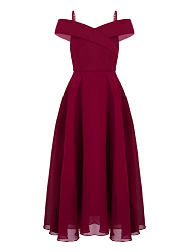 TiaoBug Fille Longue Robe Princesse en Mousseline Epaule Nu Tenue Soirée Mariage Cérémonie Robe Demoiselle d'honneur Fête Bal 5-16 Ans Bordeaux 14 Ans