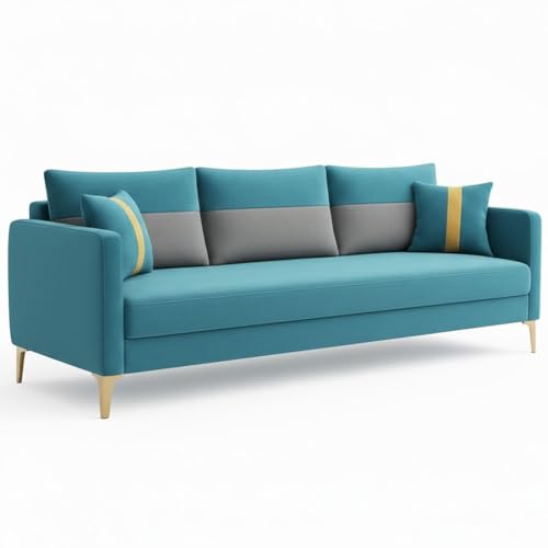 Image of FURNY Cassol 3 Seater Fabric Sofa Set (Aqua Blue-Dark Grey) Premium Velvet Finish | Durable Comfort | Ideal for Living Room