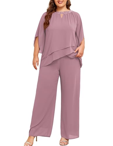 Hanna Nikole Chiffon Mother of The Bride Pant Suits 3Pcs Wedding Formal Outfit Set Evening Gown for Women Pink 22 Plus
