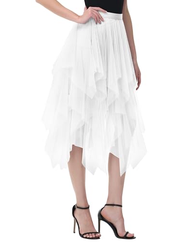 Damen Tüll Röcke High Low Layered Faltenrock Midi Rock Asymmetrisch Karnevalsrock Elegant Weich Knielang Puffy Fee Röcke