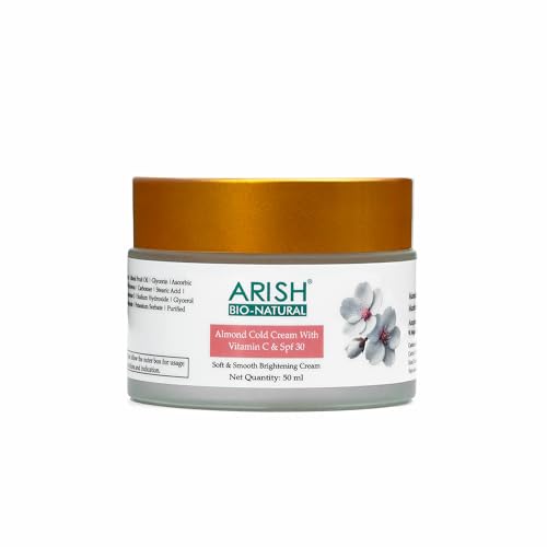 Image of ARISH BIO-NATURAL Almond Cold Cream with Vitamin C & SPF 30-50ml | Deep Hydration, Brightening, Sun Protection | Non-Greasy Moisturizer for Dry Skin for Women & Men | Winter Care & Daily Use
