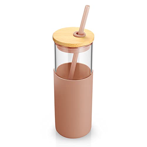 Tronco 28 oz Glass Tumbler with Lids and Straw, Reusable Iced Coffee Cup & Smoothie Cup with Bamboo Lid, Silicone Sleeve, Dishwasher Safe, BPA-Free Borosilicate Glass, 1 Pack Amber 28 Ounces