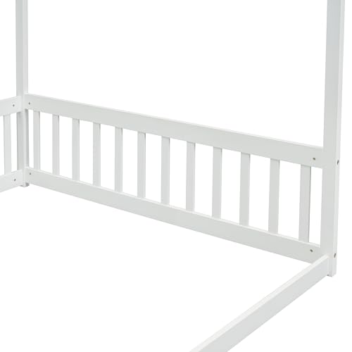 FEMICON Enhance Imagination with Full Size Canopy Floor Bed, Wooden Frame with Guardrails, for Kids, White