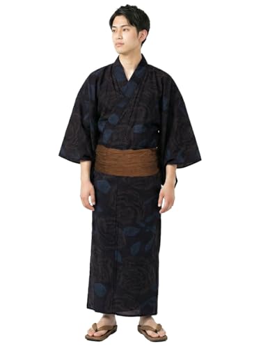 浴衣 セット メンズ [なごみや] 男物 浴衣 兵児帯 2点セット レトロ モダン シック かっこいい 高見え 夏祭り 夕涼み 花火 メンズ L 椿_紺×ブラウンの商品画像（Amazon）