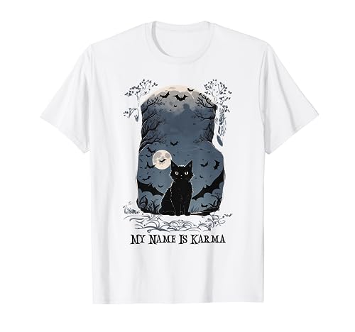 Funny Halloween Black Cat My Name is Karma T-Shirt