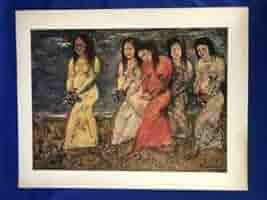 絵画2枚　年代物　希少 青木 繁【二人の少女】、年代物、希少画集画、状態良好、新品